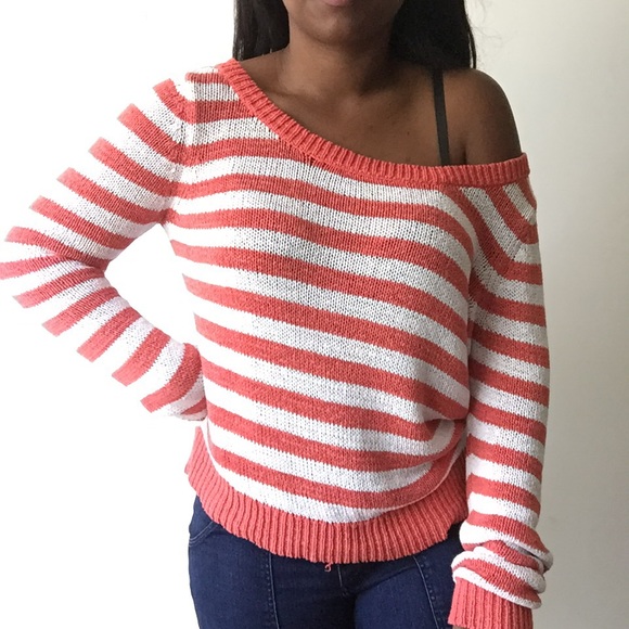 American Eagle Outfitters Sweaters - American Eagle Coral & White Striped Sweater Sz L