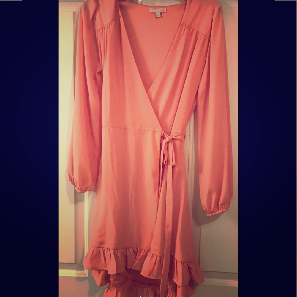 Peach colored high/low wrap dress