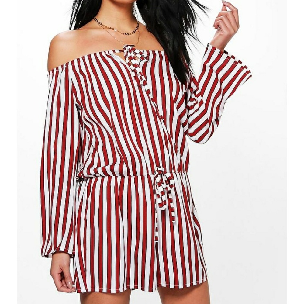 Striped off-shoulder short romper - Picture 1 of 4