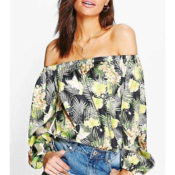 Boohoo Tops - Tropical Print Bardot Top