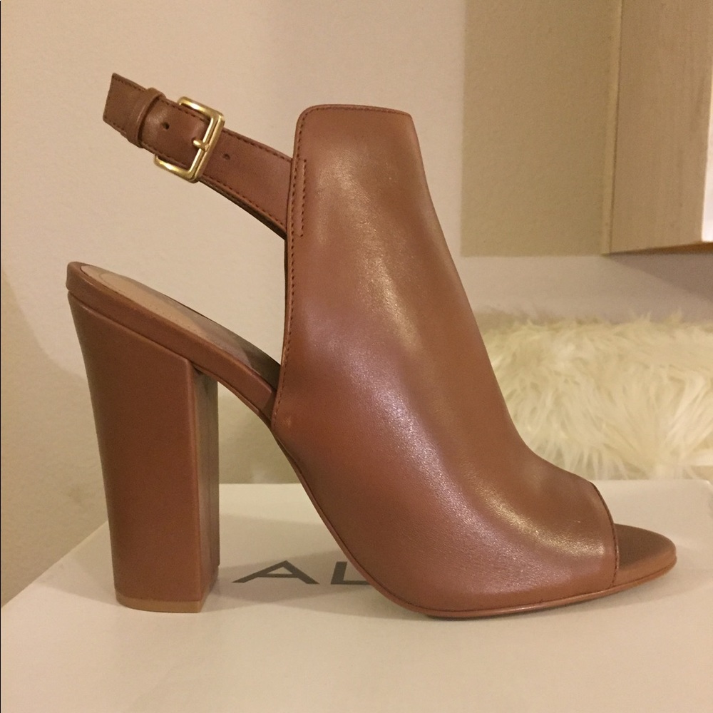 Tan open toe booties