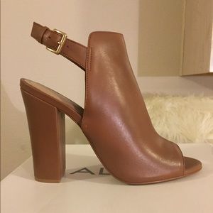 Tan open toe booties