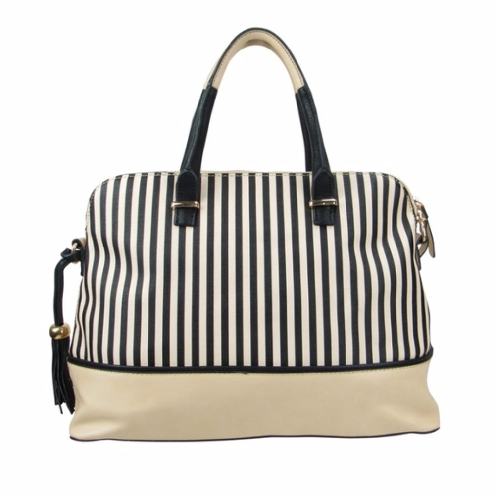 Striped Satchel Handbag w/ Side Tassel (Beige)