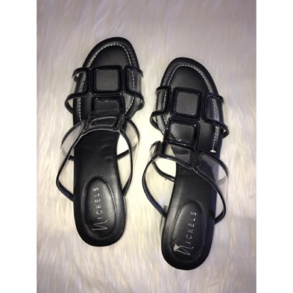 Black plastic patent pvc clear low sandals slides