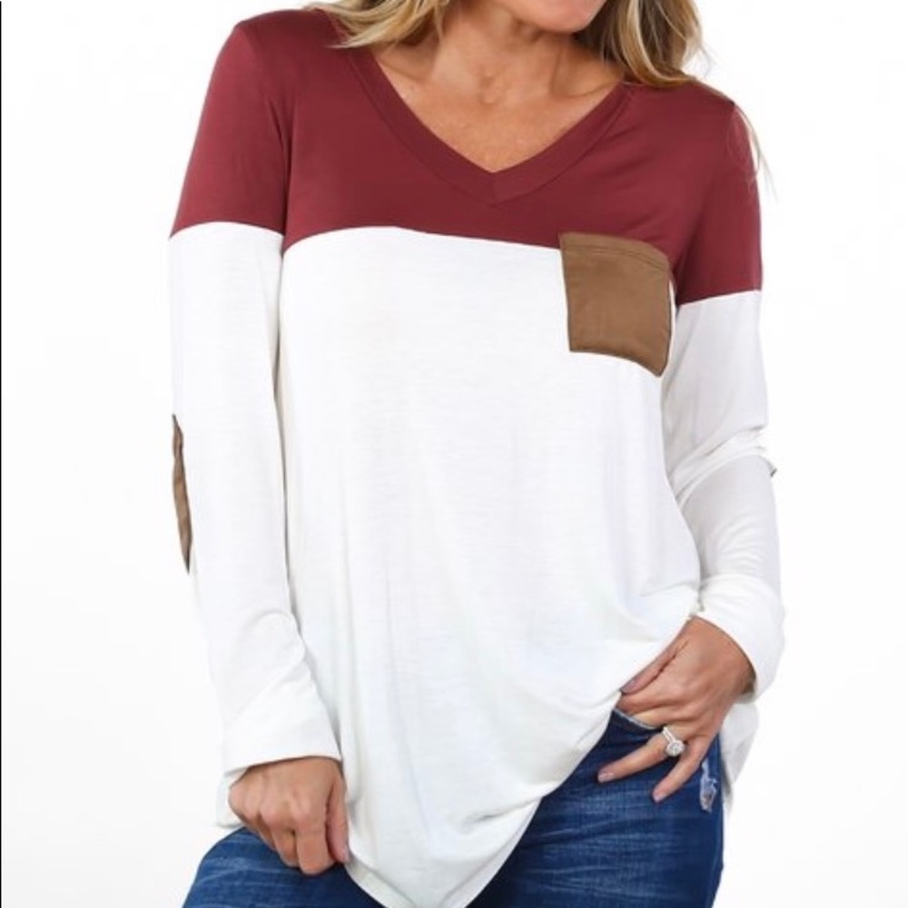 Wine & white color block suede detail tunic