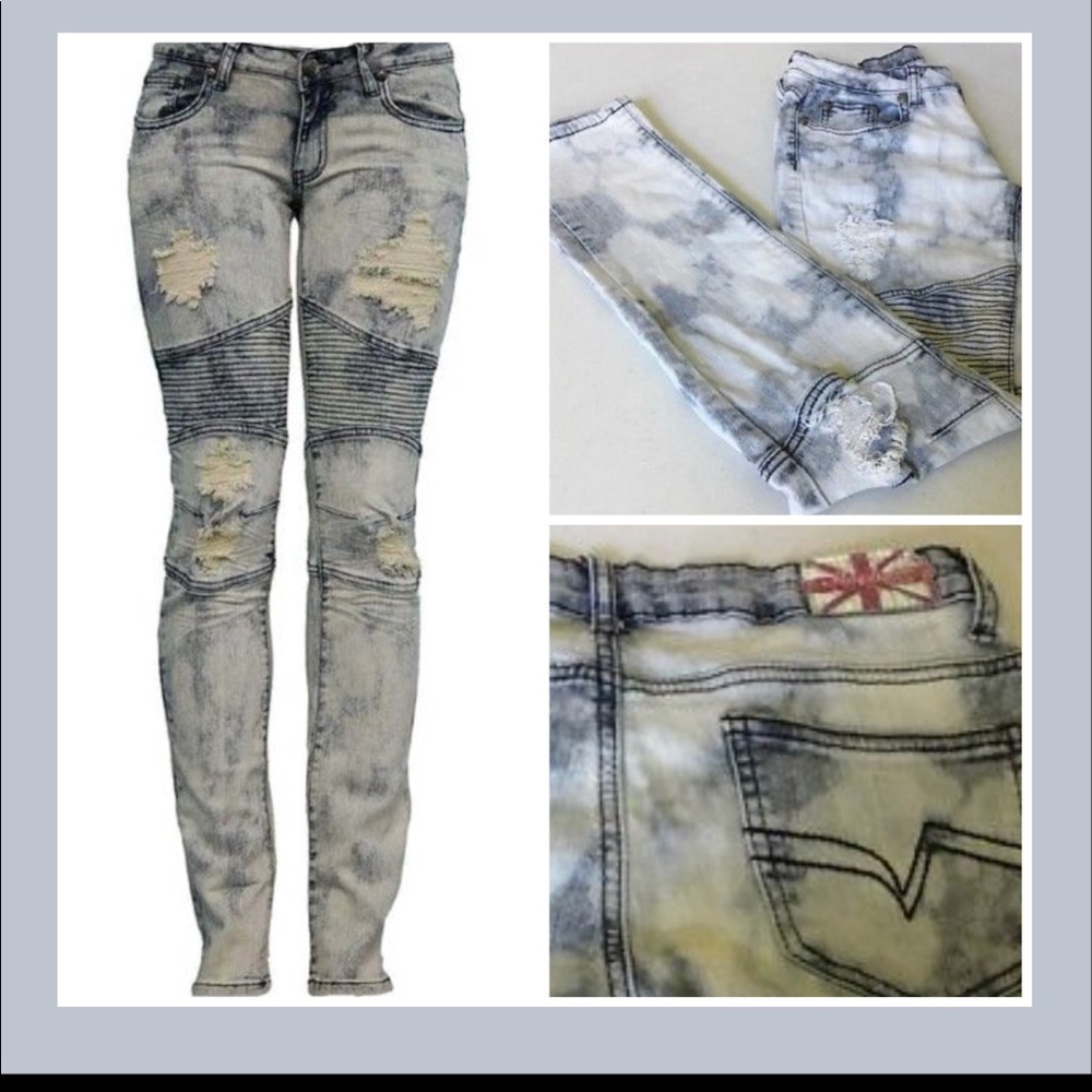 MACHINE RIBBED DISTRESSED SKINNY DENIM-ACID WASHED - Picture 1 of 6