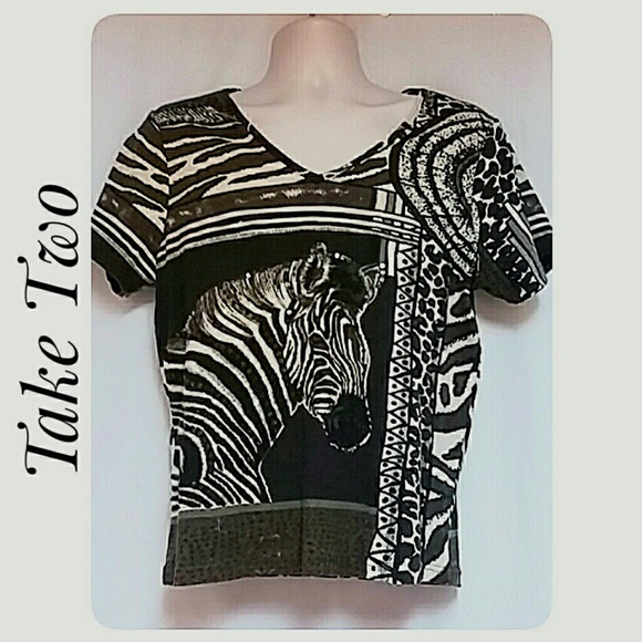 Take Two Tops - Zebra Animal Print Top Short Sleeve Brown Cream XL Take Two Tops - Zebra Animal Print Top Short Sleeve Brown Cream XL