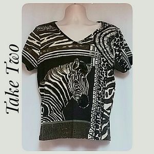 Take Two Tops - Zebra Animal Print Top Short Sleeve Brown Cream XL Take Two Tops - Zebra Animal Print Top Short Sleeve Brown Cream XL