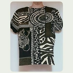 Take Two Tops - Zebra Animal Print Top Short Sleeve Brown Cream XL Take Two Tops - Zebra Animal Print Top Short Sleeve Brown Cream XL