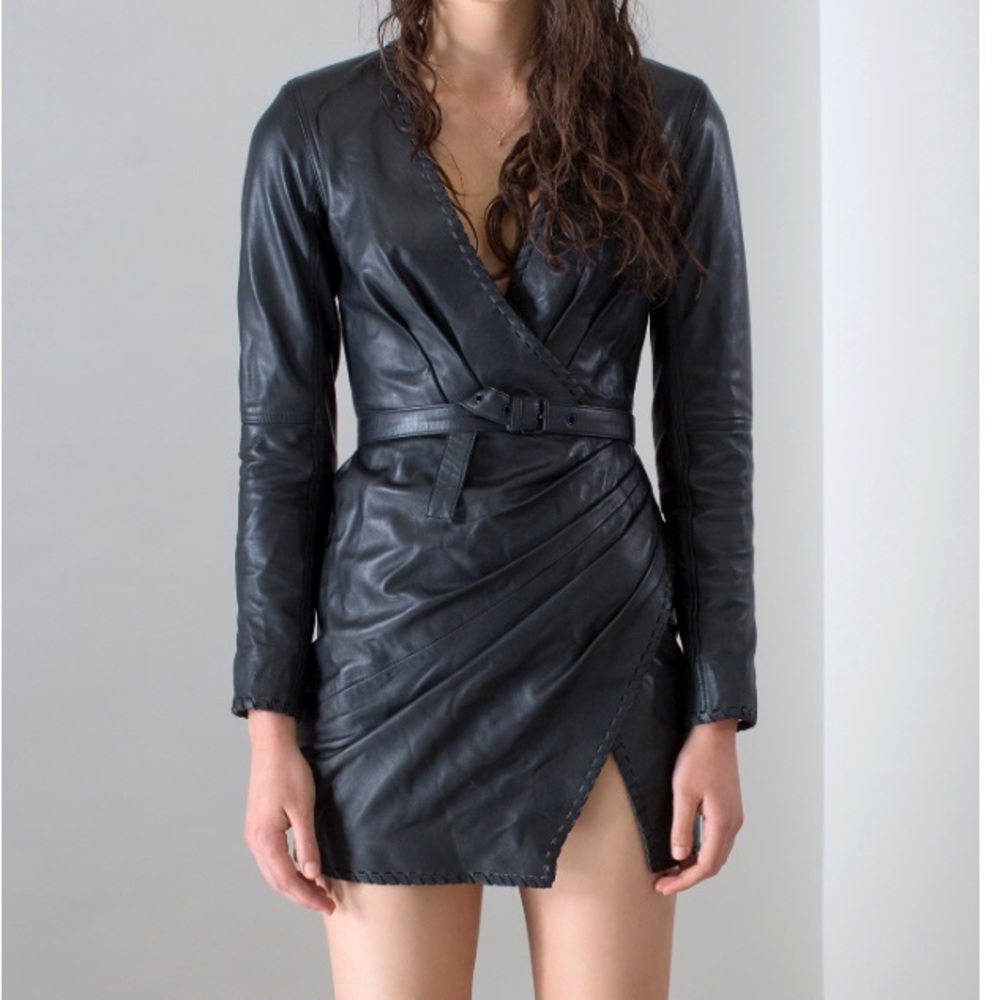 Black V neck long sleeve leather dress