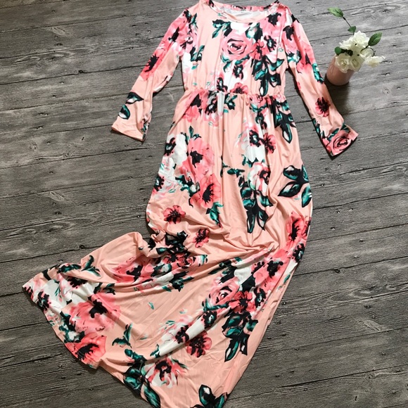B2G1♦️Floral Long Sleeve Maxi Dress Coral Pink - Picture 2 of 5