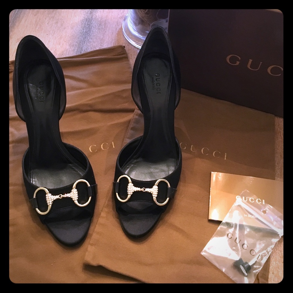 Gucci black satin heel w/ signature crystal buckle