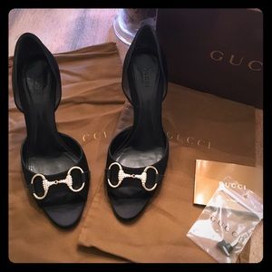 Gucci black satin heel w/ signature crystal buckle