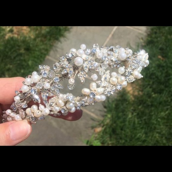 Double band pearl and silver Wedding Head Band