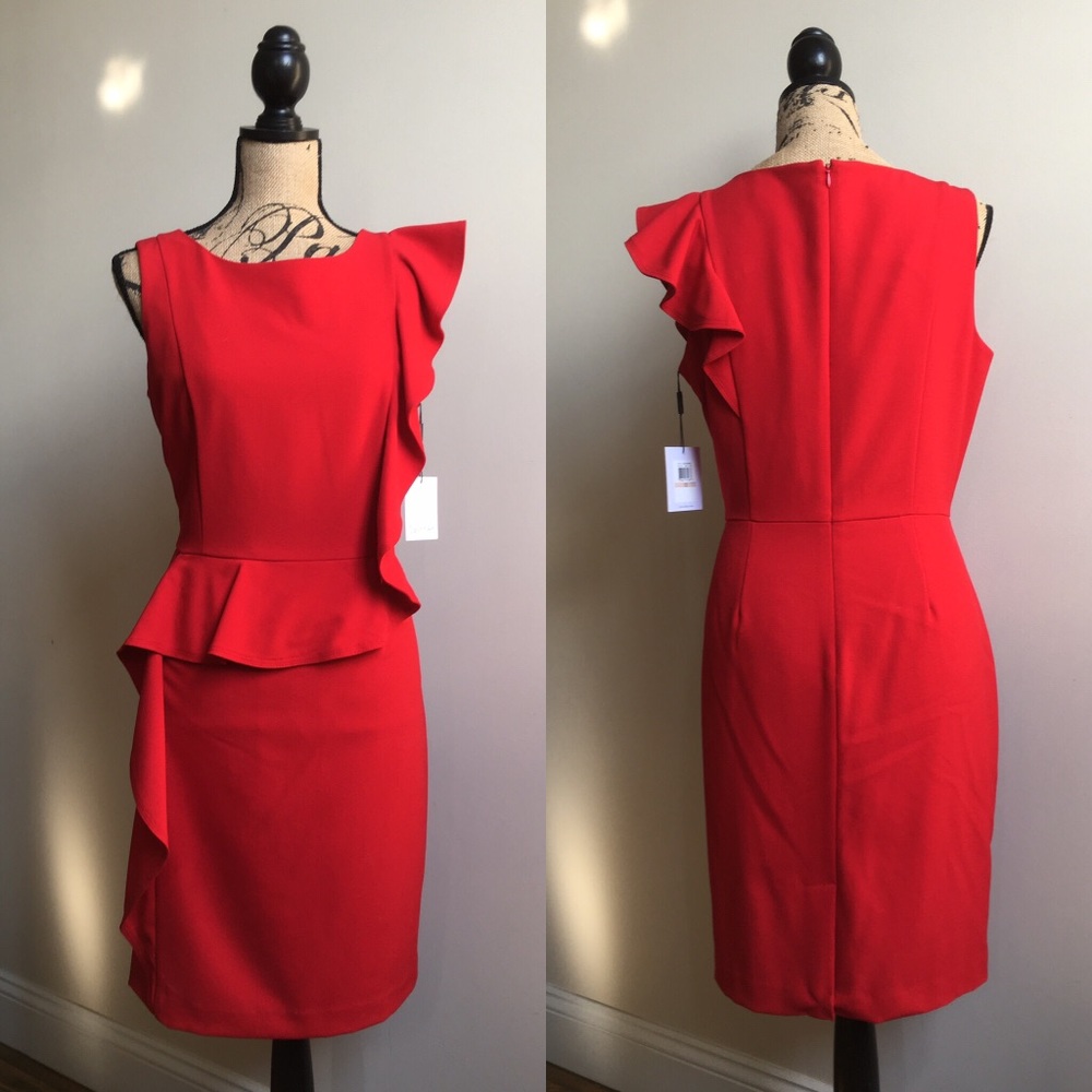 Calvin Klein Red Sheath Dress with Ruffle