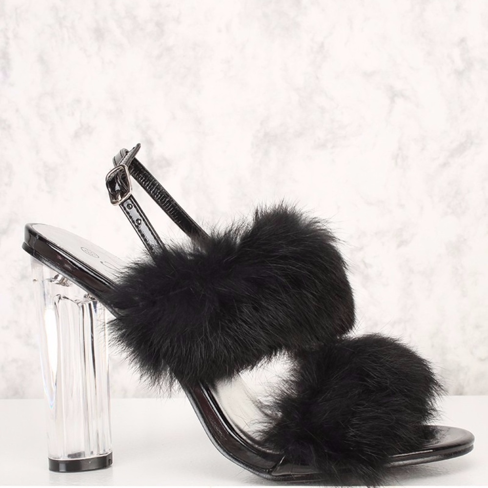 Black Faux Fur Clear Chunky High Heels
