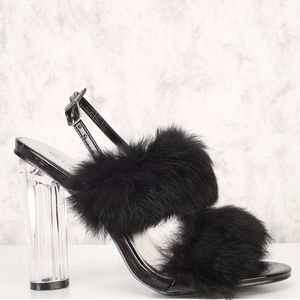 Black Faux Fur Clear Chunky High Heels