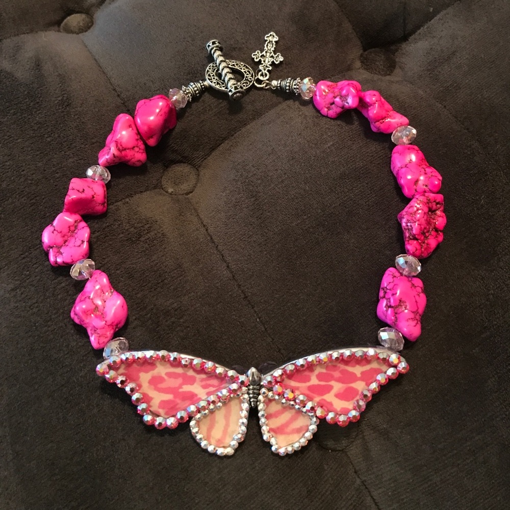 Pink Cheetah Zebra Swarovski Butterfly Necklace