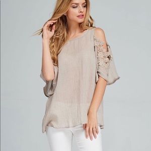 Taupe Lace Open Shoulder Top