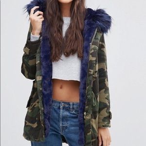 Asos boohoo camo with blue fur jacket