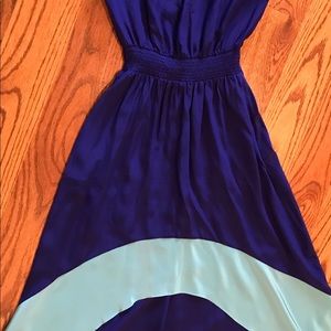 Strapless silk dress navy and teal tiered front