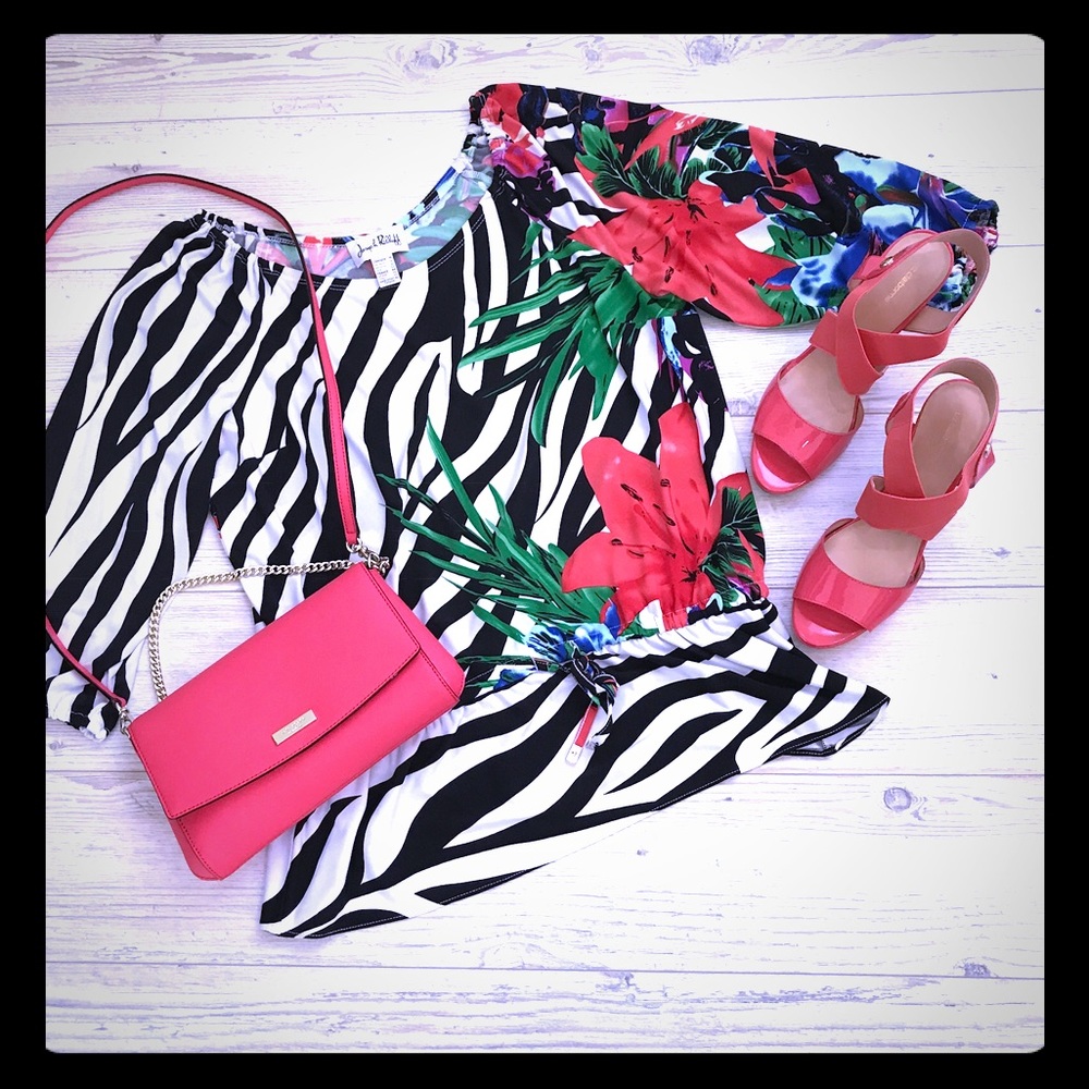 Joseph Ribkoff Black White Coral Green Blouse