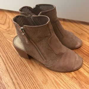 Taupe booties with open toe and open back