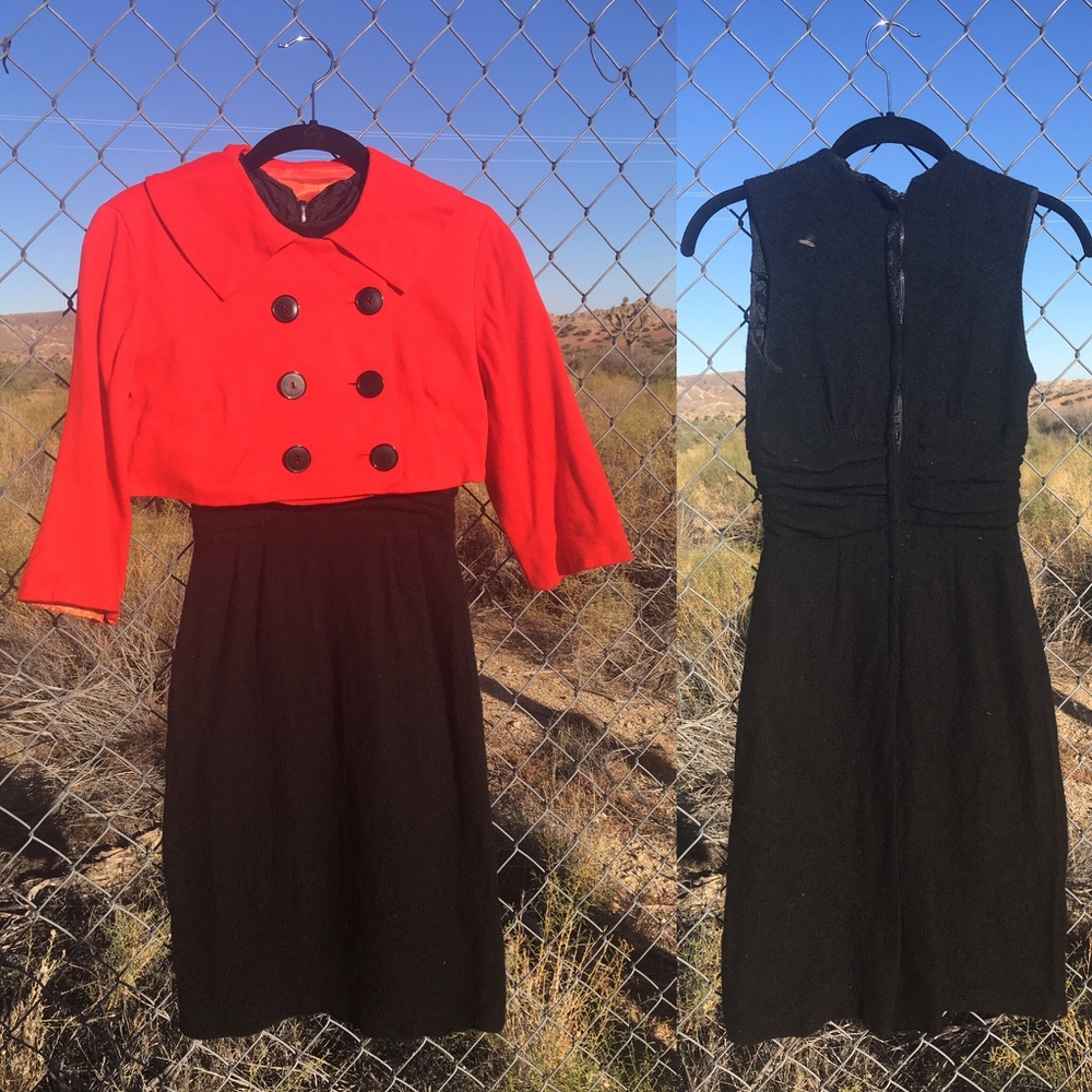 1960s Black Wool Dress and Red Sweater Set