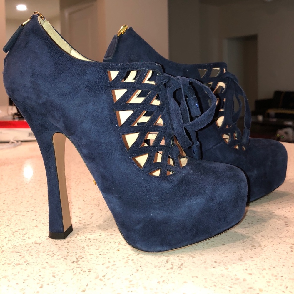Prada lace up suede heels