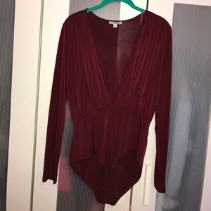 Wine colored deep V-neck bodysuit