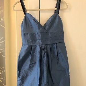 Blue raw silk dress with beaded straps