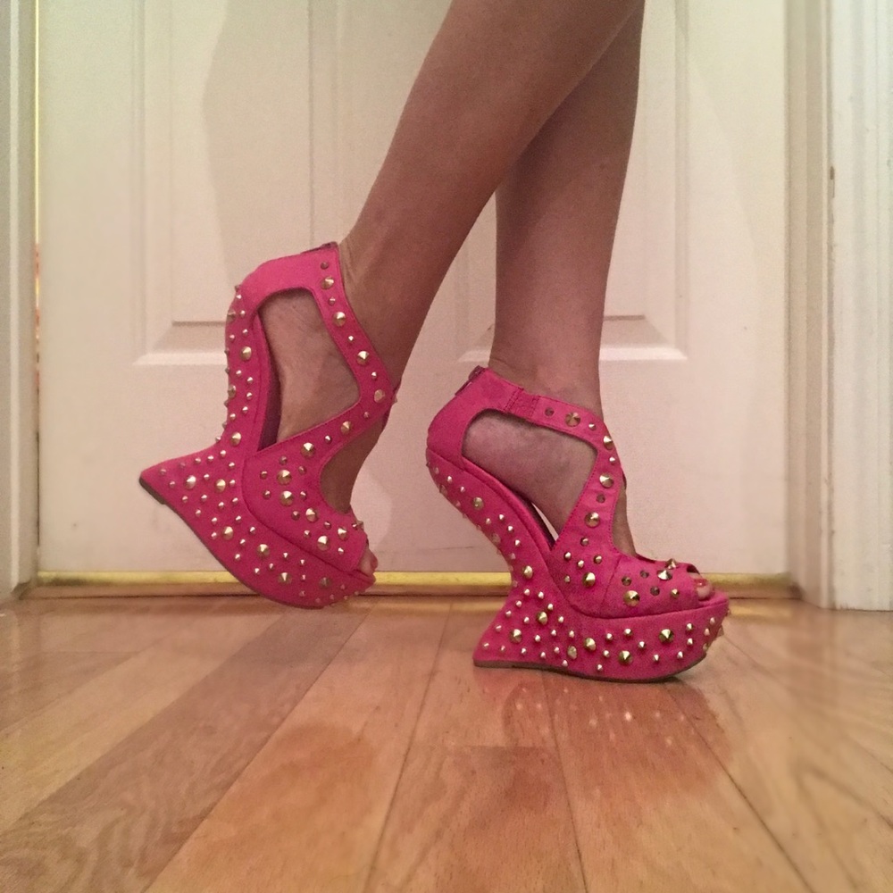 Studded 6 inch pink peep toe heels/wedges