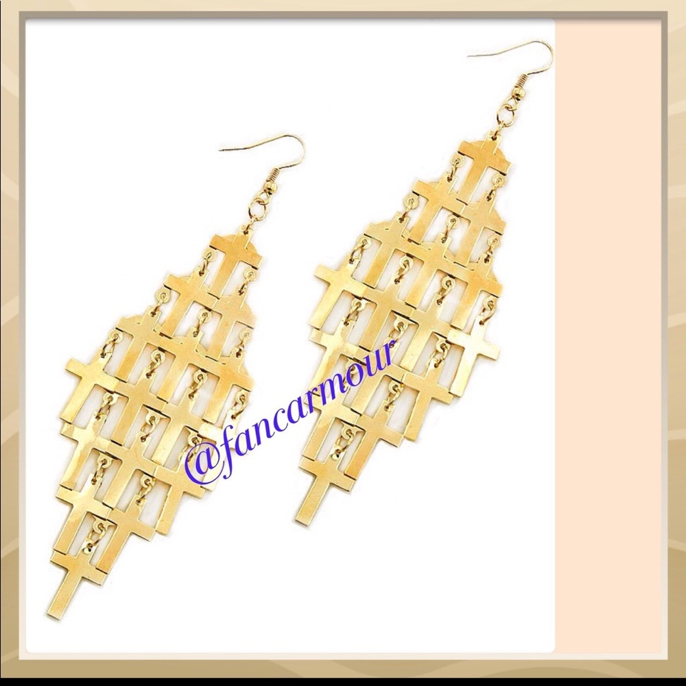 Metalllic Cross Dangle Earrings / Drop 4 inches.