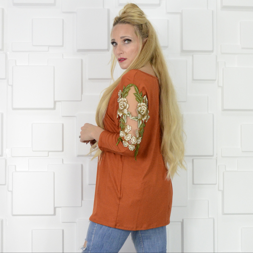 RUSTY ORANGE COLD SHOULDER TOP - Picture 2 of 4