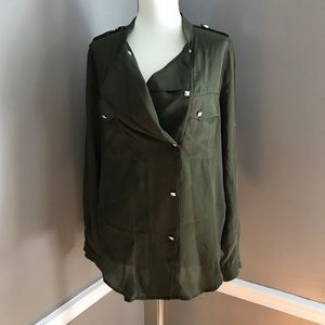 Line & Dot Military Style Green Silk Button Down