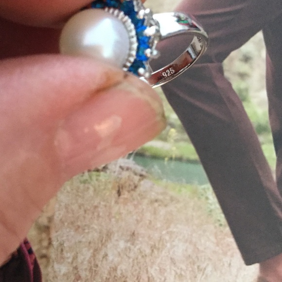 Sterling pearl and blue topaz ring 7-3/4 - Picture 4 of 5