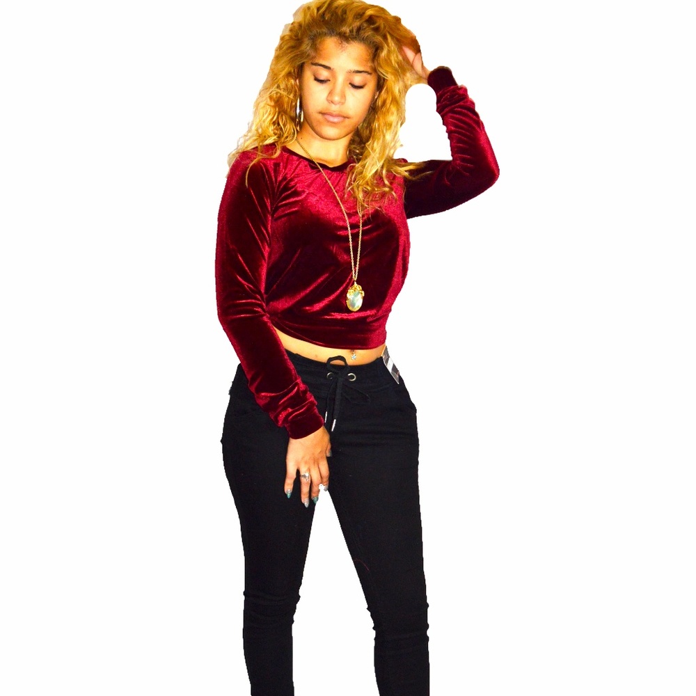 Deep Wine Red Velvet Long Sleeve Top