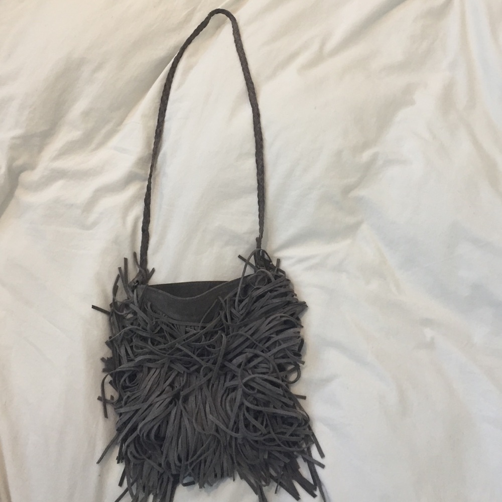 Ecote Gray suede fringe purse.