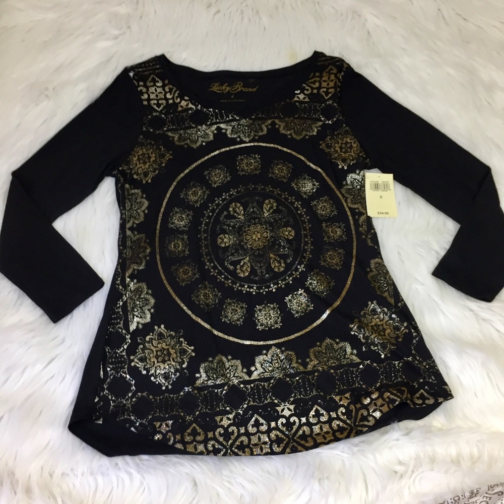 Lucky Brand exploded gold tile tee size S NWT