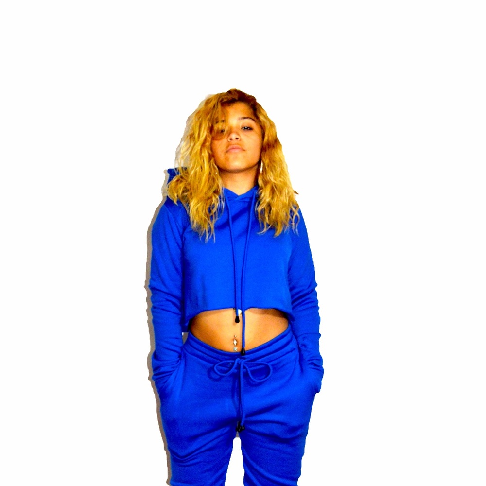 Blue Fleece Cropped Hoodie Top