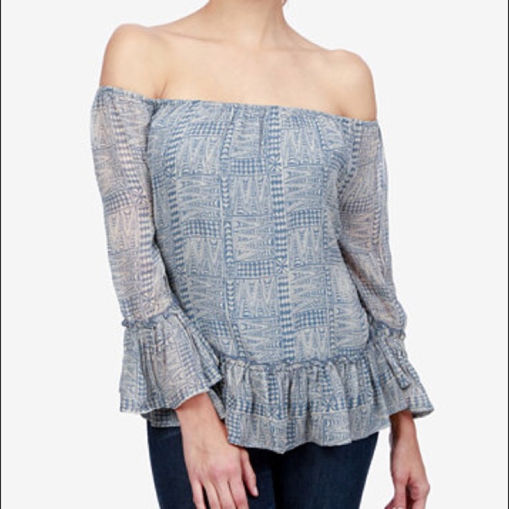 Lucky Brand Blue Ruffled Off-Shoulder Blouse