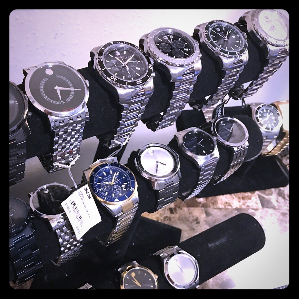 Movado, bulova, seiko, citizen, Gucci, and juicy C