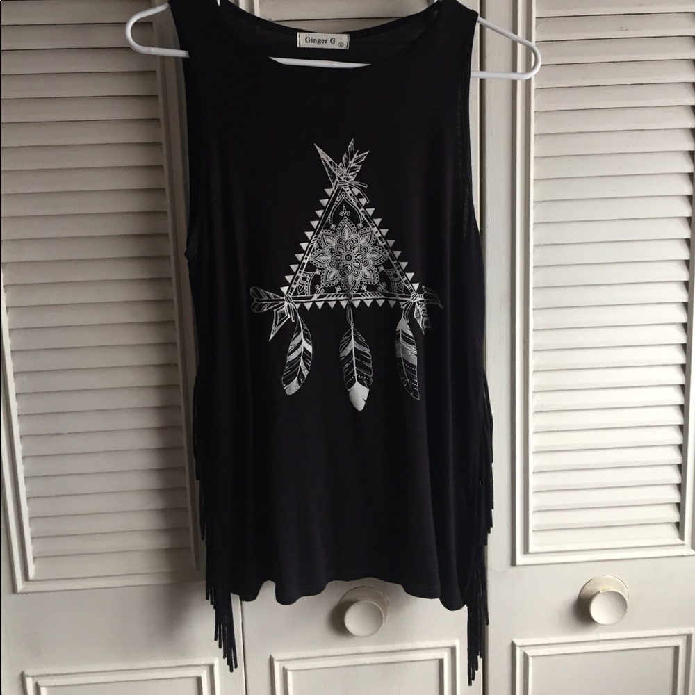 Black tribal tank top with fringe on the sides