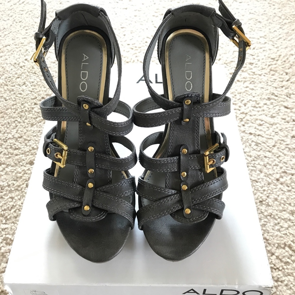 Grey and wood wedges with gold buckles from Aldo