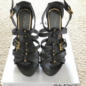 Grey and wood wedges with gold buckles from Aldo