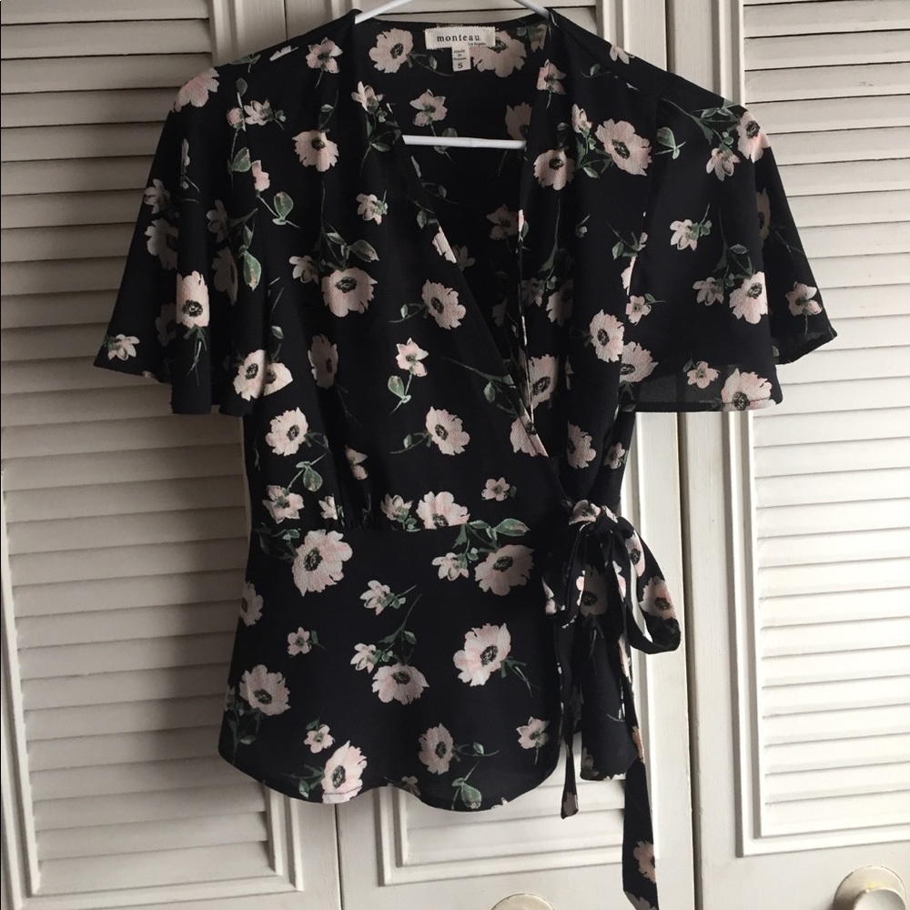 Black floral wrap around blouse