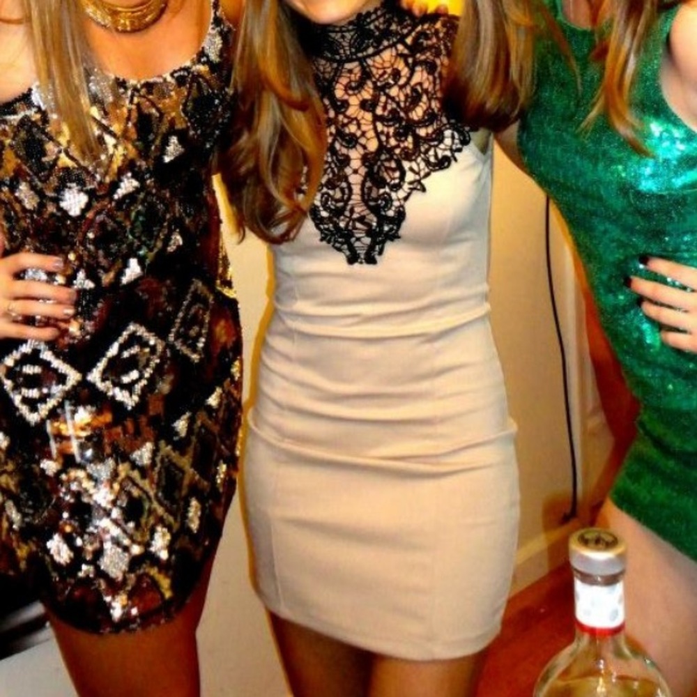 Tan dress with black lace top