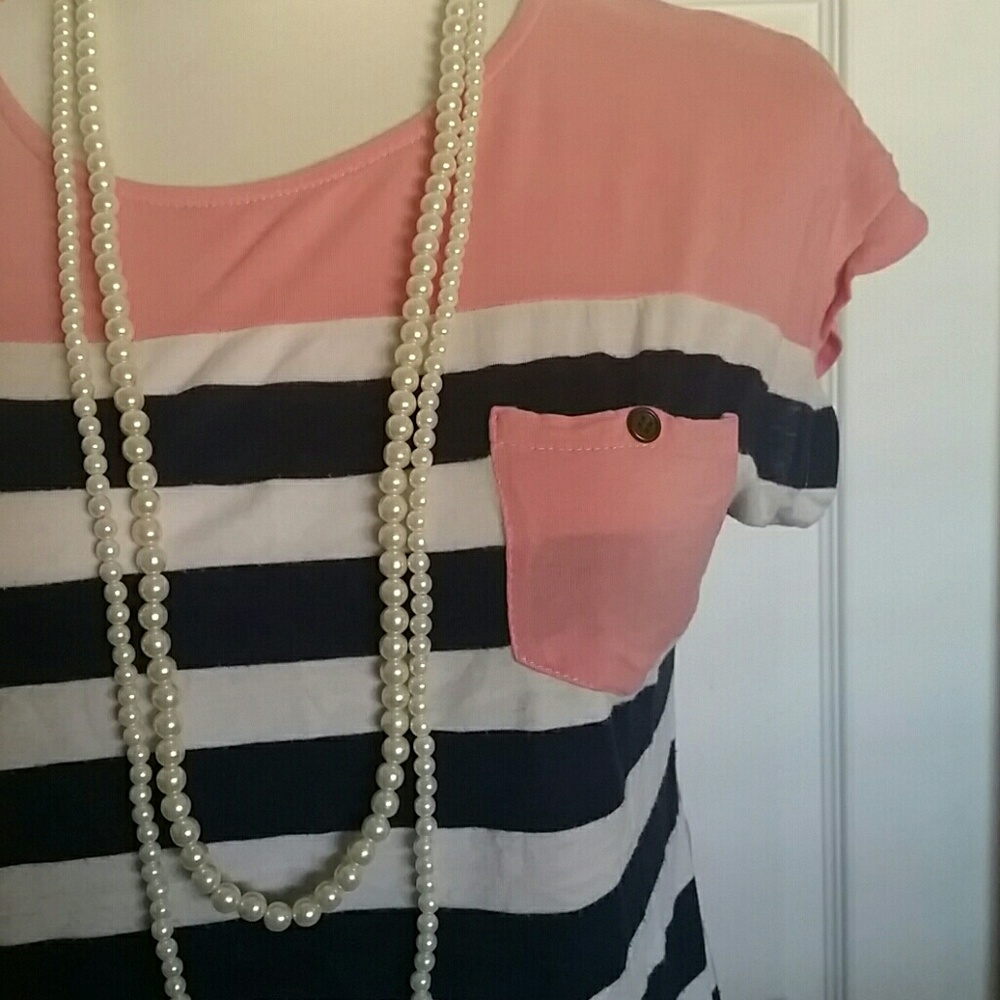 Pink and navy striped pocket tee