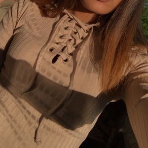 Khaki Long sleeve lace up crop top