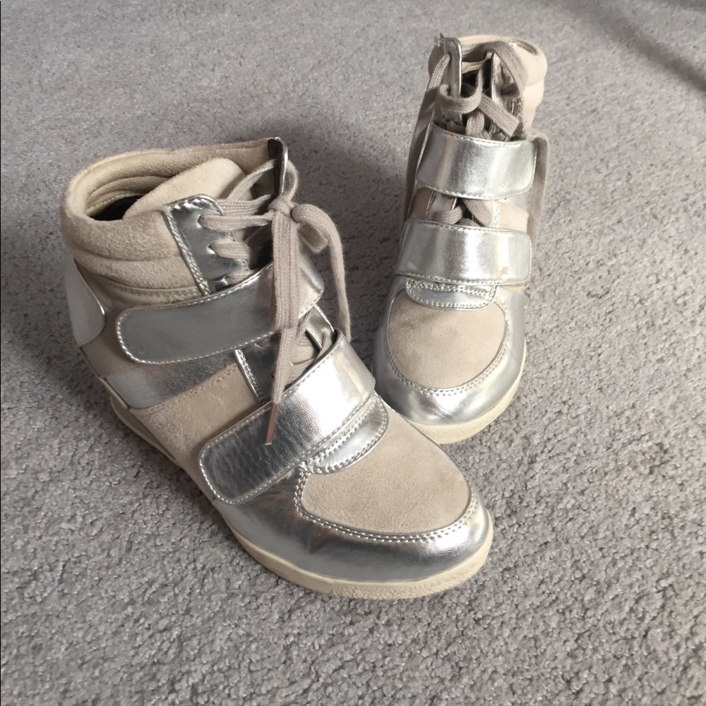 Silver and beige high top sneakers with heel